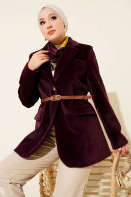 Tek Düğmeli Kemerli Sakallı Ceket Mor 
