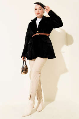 Tek Düğmeli Kemerli Sakallı Ceket Siyah - Ceket