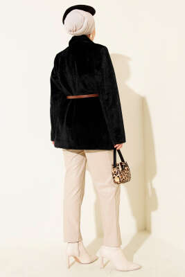 Tek Düğmeli Kemerli Sakallı Ceket Siyah - Ceket