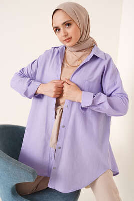 Tek Göğüs Cepli Keten Gömlek Lila