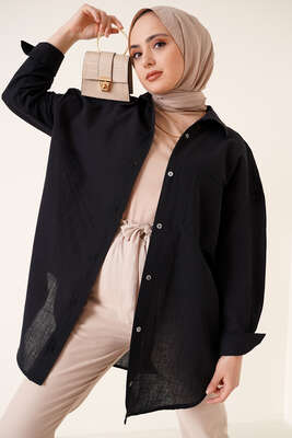 Tek Göğüs Cepli Keten Gömlek Siyah