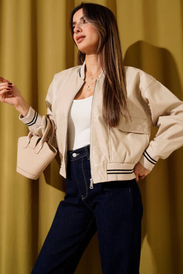 Torba Cepli Ribanalı Kısa Deri Ceket Bej - Kadın Giyim Modelleri