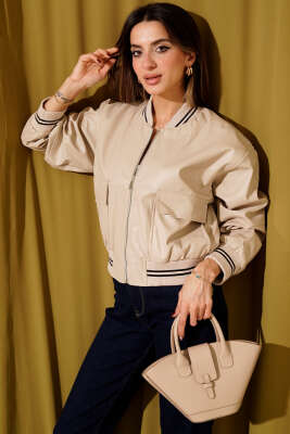 Torba Cepli Ribanalı Kısa Deri Ceket Bej - Kadın Giyim Modelleri