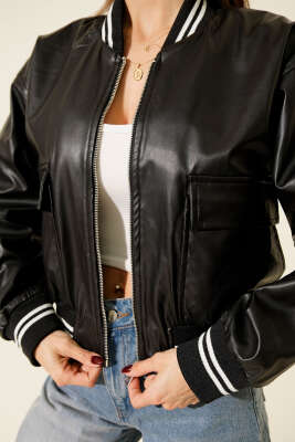 Torba Cepli Ribanalı Kısa Deri Ceket Siyah - Kadın Giyim Modelleri