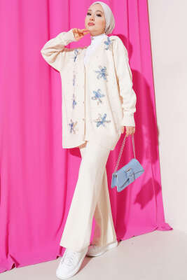 Tül Çiçekli İncili Triko İkili Takım Bej