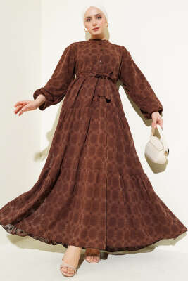 Tül Papatya Desen Bel Lastikli Elbise Kahve 