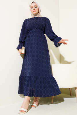 Tül Papatya Desen Bel Lastikli Elbise Lacivert 