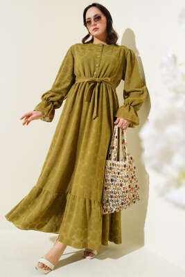 Tül Papatya Desen Bel Lastikli Elbise Yağ Yeşili - Elbise