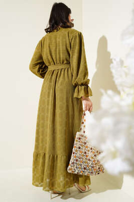 Tül Papatya Desen Bel Lastikli Elbise Yağ Yeşili - Elbise