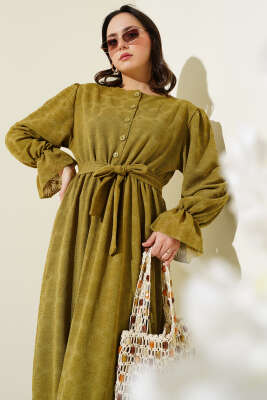 Tül Papatya Desen Bel Lastikli Elbise Yağ Yeşili - Elbise