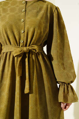 Tül Papatya Desen Bel Lastikli Elbise Yağ Yeşili - Elbise