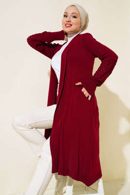 Üzüm Kol Bağcıklı Uzun Hırka Bordo 