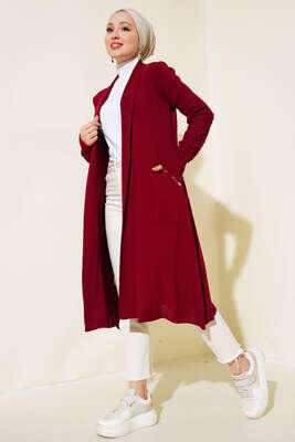 Üzüm Kol Bağcıklı Uzun Hırka Bordo - Hırka