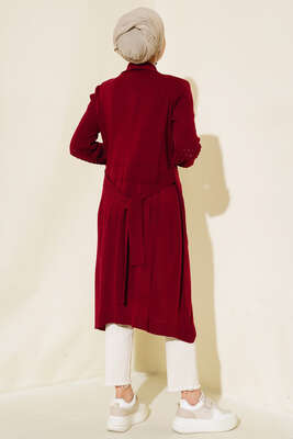 Üzüm Kol Bağcıklı Uzun Hırka Bordo - Hırka