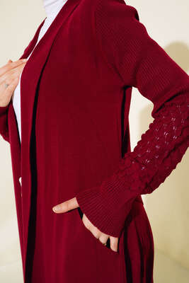 Üzüm Kol Bağcıklı Uzun Hırka Bordo - Hırka