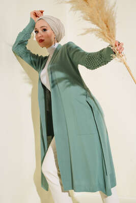 Üzüm Kol Bağcıklı Uzun Hırka Çağla Yeşili 