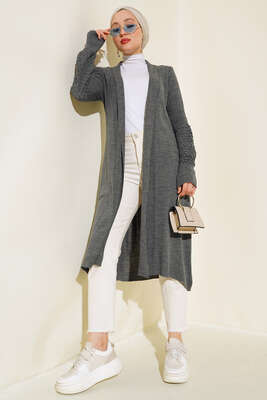 Üzüm Kol Bağcıklı Uzun Hırka Füme - Hırka