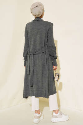 Üzüm Kol Bağcıklı Uzun Hırka Füme - Hırka