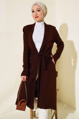 Üzüm Kol Bağcıklı Uzun Hırka Kahve 