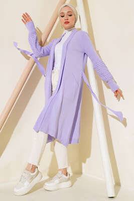 Üzüm Kol Bağcıklı Uzun Hırka Lila 