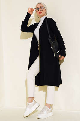 Üzüm Kol Bağcıklı Uzun Hırka Siyah 