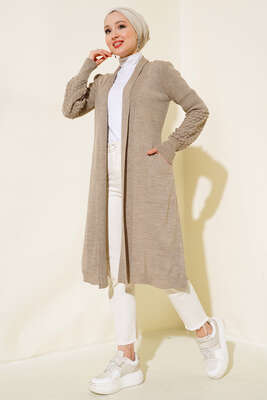 Üzüm Kol Bağcıklı Uzun Hırka Vizon 