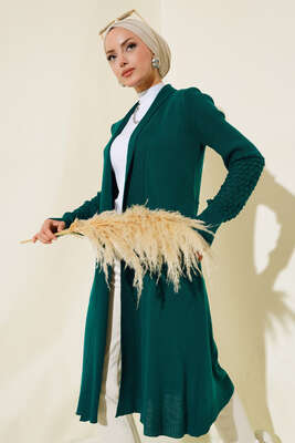 Üzüm Kol Bağcıklı Uzun Hırka Zümrüt - Hırka