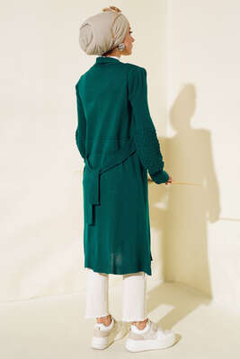 Üzüm Kol Bağcıklı Uzun Hırka Zümrüt - Hırka