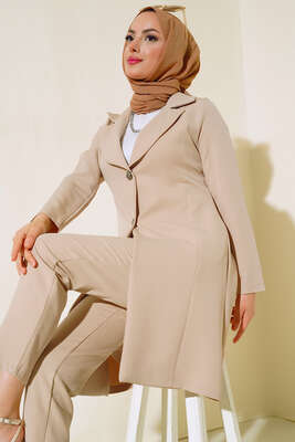 Uzun Ceket İkili Takım Bej 