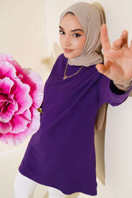 Uzun Kol Basic Tunik Mor 