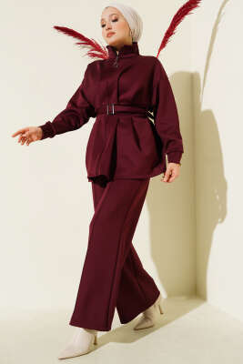 Uzun Pensli Kemerli İkili Takım Bordo 