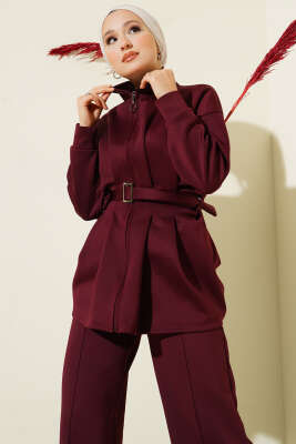 Uzun Pensli Kemerli İkili Takım Bordo - İkili Takım