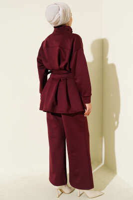 Uzun Pensli Kemerli İkili Takım Bordo - İkili Takım