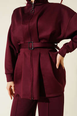 Uzun Pensli Kemerli İkili Takım Bordo - İkili Takım
