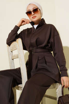 Uzun Pensli Kemerli İkili Takım Kahve - İkili Takım