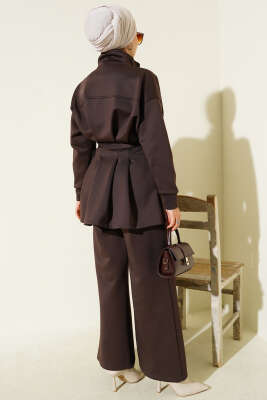 Uzun Pensli Kemerli İkili Takım Kahve - İkili Takım