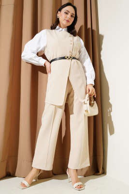 Uzun Yelekli Kemerli İkili Takım Bej
