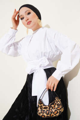 V Yaka Bağlamalı Kısa Gömlek Beyaz 