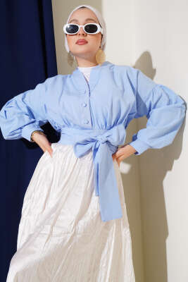 V Yaka Bağlamalı Kısa Gömlek Mavi 