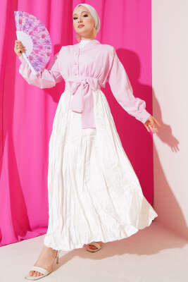 V Yaka Bağlamalı Kısa Gömlek Pembe - Gömlek