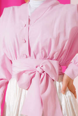 V Yaka Bağlamalı Kısa Gömlek Pembe - Gömlek