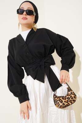 V Yaka Bağlamalı Kısa Gömlek Siyah 