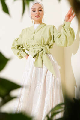 V Yaka Bağlamalı Kısa Gömlek Su Yeşili 