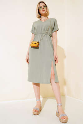 V Yaka Bürümcüklü Elbise Çağla Yeşili - Yeni Giyim