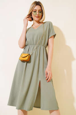 V Yaka Bürümcüklü Elbise Çağla Yeşili - Yeni Giyim
