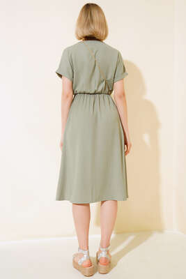 V Yaka Bürümcüklü Elbise Çağla Yeşili - Yeni Giyim
