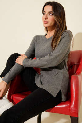 V Yaka Fitilli Kaşe Bluz Füme - GÜRZA TEKSTİL