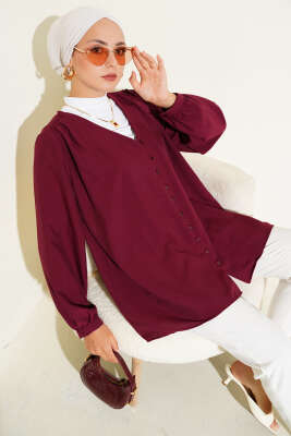 V Yaka Önü Brit Düğmeli Gömlek Bordo 