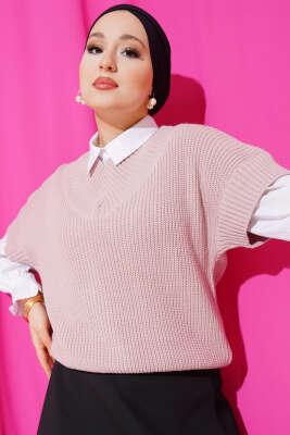 V Yaka Selanik Triko Süveter Bej 