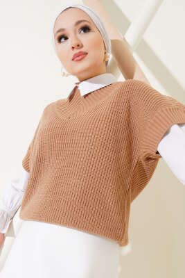 V Yaka Selanik Triko Süveter Büsküvi 